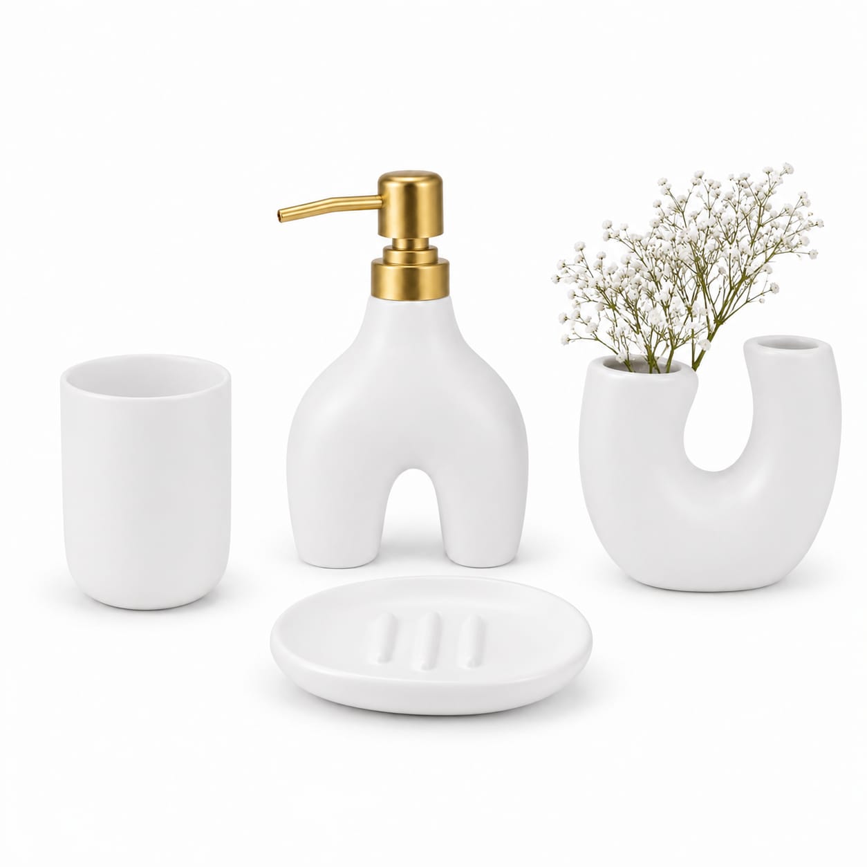 4-Piece Ceramic Bathroom Accessories Set – Soap Dispenser, Soap Dish, Tumbler & Vase