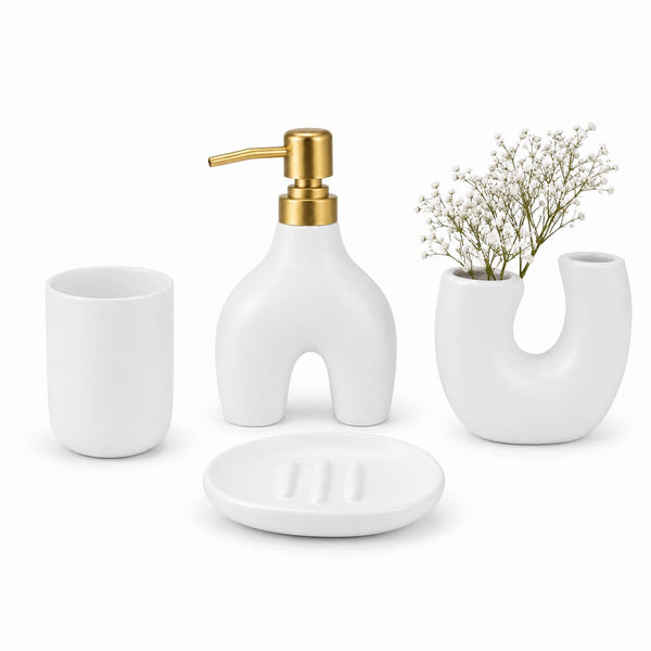 4-Piece Ceramic Bathroom Accessories Set – Soap Dispenser, Soap Dish, Tumbler & Vase